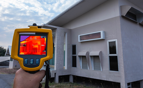 Energieberatung Wohngebäude - Ein Wohnhaus wird mit einer Wärmebildkamera überprüft